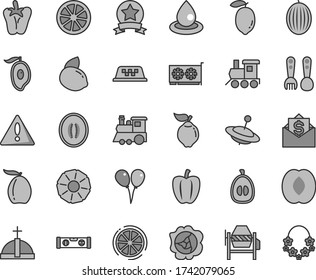 Thin line gray tint vector icon set - warning vector, plastic fork spoons, baby toy train, children's, yule, colored air balloons, concrete mixer, building level, peper, squash, quince, melon, peach