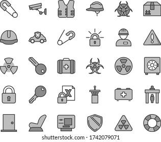 Thin line gray tint vector icon set - warning vector, car child seat, safety pin, open, bag of a paramedic, medical, workman, key, ntrance door, construction helmet, lock, strongbox, cardboard box