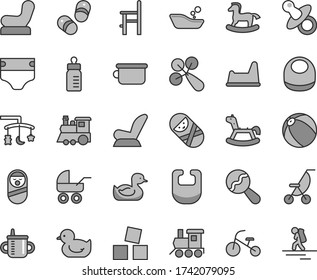 Thin line gray tint vector icon set - toys over the cradle vector, dummy, mug for feeding, bottle, diaper, bib, baby, beanbag, rattle, chair, car child seat, carriage, summer stroller, rubber duck