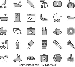 Thin line gray tint vector icon set - mark of injury vector, first aid kit, toys over the cradle, cot, mug for feeding, measuring cup, bottle, powder, baby, stroller, carriage, sitting, mercury