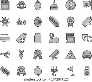 Thin line gray tint vector icon set - danger of electricity vector, add bookmark, minus, label, remove, pennant, question, toys over the cot, winch hook, car, Hot Dog, birthday cake, medlar, melon