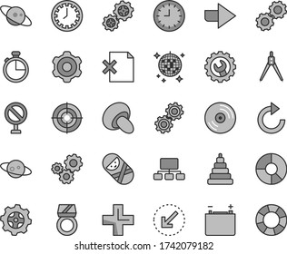 Thin line gray tint vector icon set - prohibition vector, clock face, right direction, plus, clockwise, stacking toy, tumbler, cogwheel, gear, left bottom arrow, timer, CD, delete page, porcini, aim