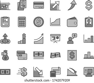 Thin line gray tint vector icon set - bank card vector, dollar, graph, growth chart, negative, calculation, cards, recession, statistical report, overview, denomination of the, financial item, cash