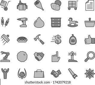 Thin line gray tint vector icon set - cargo trolley vector, scribbled paper, magnifier, dollar, chest of drawers, measuring cup for feeding, small rocking horse, drill, hand saw, spatula, shipment