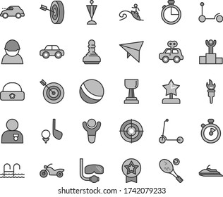 Thin line gray tint vector icon set - bath ball vector, motor vehicle, present, Kick scooter, child, warm hat, timer, racer, retro car, stopwatch, flame torch, winner, podium, gold cup, pawn, target