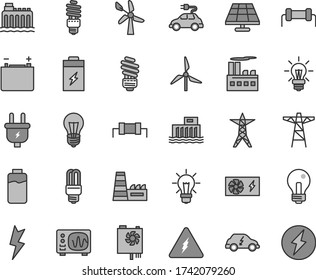 Thin line gray tint vector icon set - incandescent lamp vector, saving light bulb, lightning, charge level, charging battery, solar panel, windmill, wind energy, accumulator, hydroelectric station