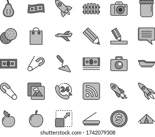Thin line gray tint vector icon set - image of thought vector, camera, rss feed, safety pin, open, bath, building trowel, drawing, fence, picture, 24, expand, jam, biscuit, apricot, tasty plum, cash