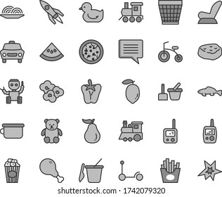 Thin line gray tint vector icon set - image of thought vector, wicker pot, car child seat, baby duckling, toy phone, mobile, sand set, children's, potty, small teddy bear, train, bicycle, pizza, cup