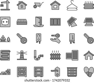 Thin line gray tint vector icon set - bedside table vector, chest of drawers, dwelling, brick wall, building trolley, window frame, siphon, power socket type f, key, door knob, city block, boiler