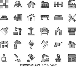 Thin line gray tint vector icon set - house vector, wicker pot, box of bricks, tower crane, hook, building trolley, trowel, concrete mixer, small tools, wooden paint brush, ladder, tile, brick