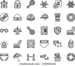 Thin line gray tint vector icon set - mark of injury vector, spectacles, scales, toys over the cot, diaper, nappy, powder, Baby chair, car child seat, warm hat, construction helmet, lock, key, safe