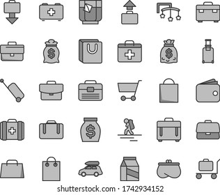 Thin line gray tint vector icon set - briefcase vector, paper bag, first aid kit, toys over the cot, of a paramedic, medical, portfolio, suitcase, case, with handles, package, glass tea, cart, purse