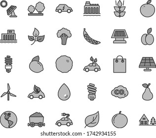 Thin line gray tint vector icon set - saving light bulb vector, drop, cabbage, apple, pear, mint, tangerine, yellow lemon, delicious, peas, broccoli, solar panel, big, leaves, leaf, windmill, trees