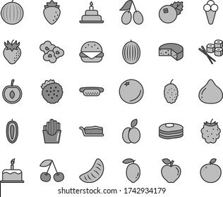 Thin line gray tint vector icon set - birthday cake vector, cheese, mini hot dog, big burger, slice, fried potato slices, sushi set, popcorn, cone, blueberries, strawberries, apple, pancakes, orange