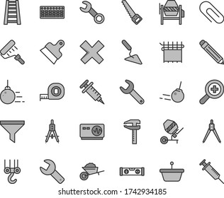 Thin line gray tint vector icon set - repair key vector, clip, graphite pencil, zoom, cross, winch hook, big core, garden trolley, building trowel, concrete mixer, arm saw, measuring tape, level