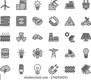Thin line gray tint vector icon set - danger of electricity vector, matte light bulb, heating coil, new radiator, storm cloud, coffee beans, marine propeller, solar panel, big, coal mining, windmill