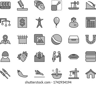 Thin Line Gray Tint Vector Icon Set - Toys Over The Cot Vector, Bath Ball, Balloon, Drawing, Picture, Map, Drawer, Expand, Pie, Barbecue, Sushi, Branch Of Grape, Red Pepper, Oil Derrick, Power Line