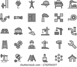 Thin Line Gray Tint Vector Icon Set - Repair Key Vector, Tower Crane, Builder, Hook, Trowel, Concrete Mixer, Window, Measuring Tape, Wooden Paint Brush, Stepladder, Ladder, Sewerage, Tile, Helmet