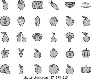Thin line gray tint vector icon set - piece of cheese vector, onion, porcini, peper, carrot, strawberry, orange, half apricot, quince, red apple, cornels, medlar, blackberry, loquat, date fruit