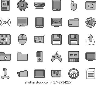 Thin line gray tint vector icon set - monitor vector, folder, upload, move up, processor, tablet pc, notebook, fan, mouse, tower, motherboard, cpu, card, web camera, usb, network, floppy, coding
