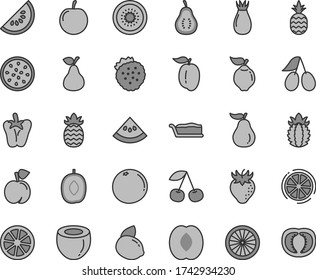 Thin line gray tint vector icon set - cake slice vector, peper, strawberries, a pineapple, pear, cherry, peach, quince, strawberry, rose hip, cornels, of water melon, delicious plum, half, ripe