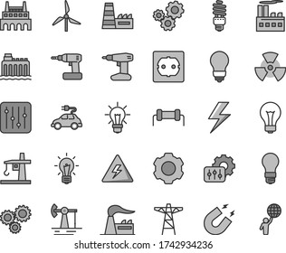 Thin line gray tint vector icon set - lightning vector, danger of electricity, matte light bulb, cordless drill, power socket type f, regulator, working oil derrick, windmill, factory, pole, gears