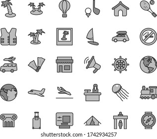 Thin line gray tint vector icon set - earth vector, plane, train, car baggage, air balloon, security gate, rolling suitcase, arrival, atm, boungalow, tent, palm tree, flippers, photo, tennis, store