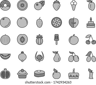 Thin line gray tint vector icon set - muffin vector, torte, birthday cake, glazed with a hole, popsicle, cone, blueberries, pancakes, orange, cherry, half pomegranate, apricot, tasty apple, plum