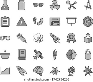 Thin line gray tint vector icon set - powder vector, unpacking, jar, pan, flask, molecule, electricity, atom, glasses, nuclear, brain, satellite, bactery, book, globe, clipboard, drawing compass