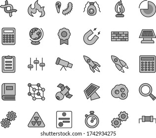 Thin line gray tint vector icon set - pie chart vector, brickwork, omelette, telescope, nuclear, zoom, dna, gears, settings, satellite, bactery, book, globe, magnet, flame, clipboard, calculator