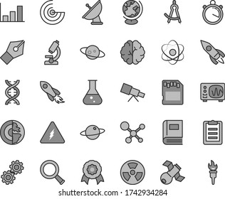 Thin line gray tint vector icon set - planet vector, radiation hazard, rocket, space, sd card, flask, microscope, telescope, molecule, electricity, atom, zoom, dna, brain, gears, satellite, book