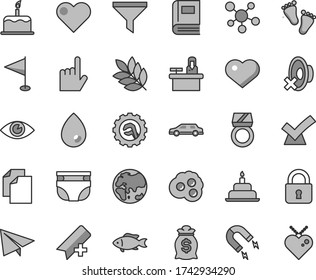 Thin line gray tint vector icon set - heart symbol vector, add bookmark, paper airplane, clean, silent mode, pennant, nappy, footprints, birthday cake, star gear, lock, index finger, eye, drop, fish