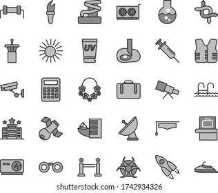 Thin line gray tint vector icon set - gpu card vector, flask, telescope, glasses, dna, satellite, biohazard, oscilloscope, graduate hat, calculator, artifical insimination, antenna, rocket, syringe