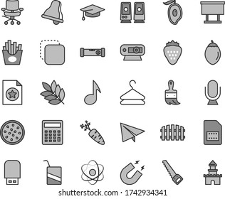 Thin line gray tint vector icon set - bell vector, paper airplane, calculator, e, arm saw, wooden paint brush, construction level, fence, microphone, hanger, copy, French fries, strawberry, carrot