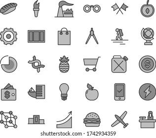 Thin line gray tint vector icon set - truck lorry vector, pie chart, window frame, globe, burger, japanese sushi, apricot, half cherry, pineapple, factory, light bulb, canister, cart, bag, glasses