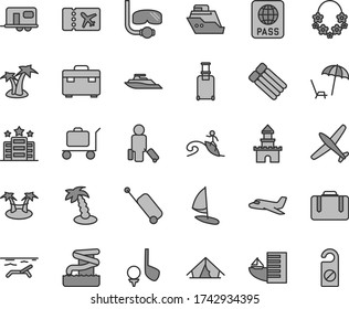 Thin line gray tint vector icon set - suitcase vector, passport, sand castle, plane, camper, passenger, rolling, ticket, case, hotel, tent, beach, arnchair under umbrella, palm tree, hawaii wreath