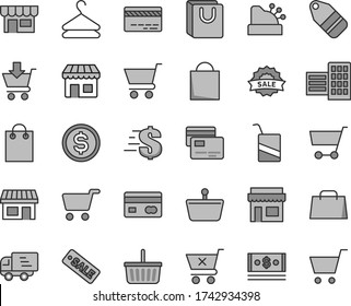 Thin line gray tint vector icon set - paper bag vector, grocery basket, bank card, dollar, e, city block, cart, put in, crossed, with handles, cards, kiosk, hanger, label, stall, shopping, cash