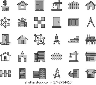 Thin line gray tint vector icon set - house vector, box of bricks, dwelling, brick wall, window, frame, ntrance door, interroom, buildings, city block, tile, ceramic tiles, fence, hedge, home, exit