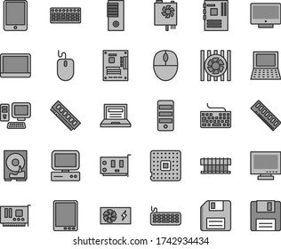 Thin line gray tint vector icon set - floppy disk vector, laptop, monitor, keyboard, screen, processor, computer, tablet pc, notebook, radiator fan, mouse, power supply, tower, motherboard, memory