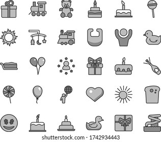 Thin line gray tint vector icon set - heart symbol vector, toys over the cradle, bib, rubber duck, baby duckling, teddy bear, toy train, children's, colored air balloons, balloon, cake, birthday
