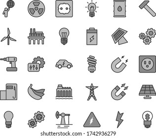 Thin line gray tint vector icon set - cordless drill vector, saving light bulb, power socket type f, lightning, hammer, bananas, charging battery, solar panel, working oil derrick, windmill, line