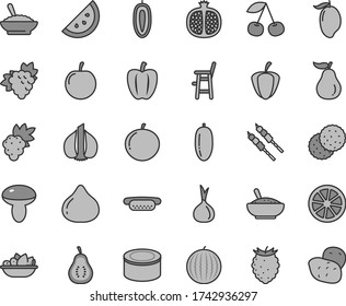 Thin line gray tint vector icon set - a chair for feeding child vector, canned goods, mini hot dog, mushroom, bowl of buckwheat porridge, rice, plate fruit, barbecue, orange slice, biscuit, cherry