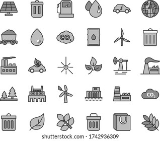 Thin line gray tint vector icon set - bin vector, dust, drop, bag with handles, solar panel, working oil derrick, leaves, leaf, gas station, windmill, wind energy, factory, hydroelectric, forest