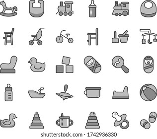 Thin line gray tint vector icon set - toys over the cradle vector, dummy, mug for feeding, bottle, measuring, bib, baby, beanbag, chair, summer stroller, rubber duck, duckling, bath ball, toy, potty
