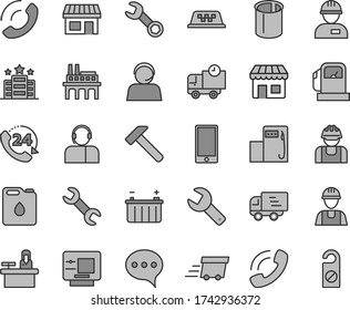 Thin line gray tint vector icon set - repair key vector, builder, workman, hammer, speech, smartphone, delivery, 24, phone call, operator, gas station, modern, battery, industrial enterprise, pipes