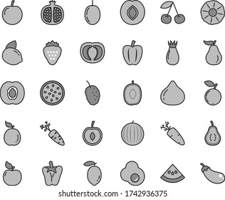Thin line gray tint vector icon set - peper vector, carrot, fried egg, strawberry, cherry, half apricot, pomegranate, plum, rose hip, fig, blueberry, tasty mulberry, water melon, delicious, lemon
