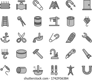Thin line gray tint vector icon set - scissors vector, safety pin, open, iron fork spoons, crane, hook, winch, adjustable wrench, hand saw, stepladder, ladder, ntrance door, knife, stationery, tin