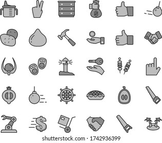 Thin line gray tint vector icon set - dollar vector, chest of drawers, measuring cup for feeding, shoes little children, big core, hand saw, arm, hammer with claw, index finger, thumb up, shipment