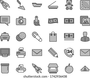Thin line gray tint vector icon set - image of thought vector, envelope, rss feed, safety pin, bath, teddy bear, building trowel, plastic brush, picture, camera, car, 24, jam, biscuit, tasty plum