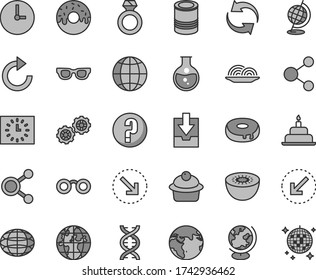 Thin line gray tint vector icon set - renewal vector, clockwise, download archive data, question, birthday cake, gears, wall clock, left bottom arrow, earth, right, tin, onion, muffin, with a hole
